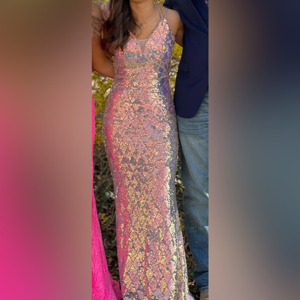 Pink and Gold Sequin Midi Pencil Dress